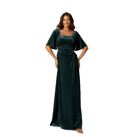 AW Bridal Green Velvet Maxi Dress Size 6 Flutter Sleeve Forest Fairy Bridesmaid - Picture 11 of 13